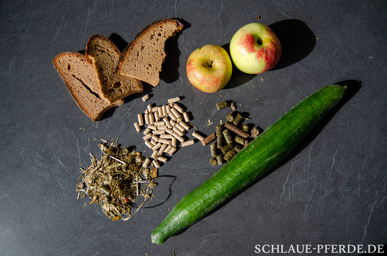 Pferdefutter, Clickerfutter: Brot, Äpfel, Gurke, Pelletfutter, Müsli